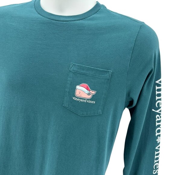 Vineyard Vines Youth Large Shirt Christmas Santa Whale Logo Pocket Green Tee - Picture 3 of 4